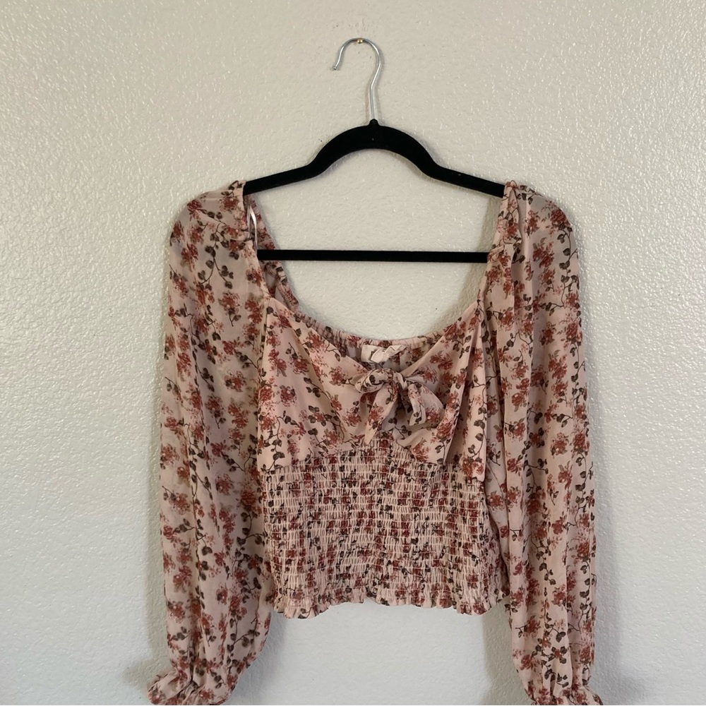 Pink Floral Crop Top with Sheer Sleeves and Tie Front